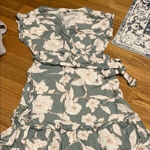 Floral White and Mint Green Linen Dress